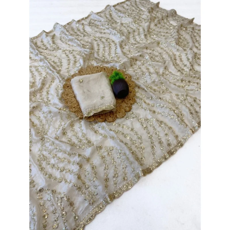 Women's Satin Embellished Saree With Unstitched Blouse 5.5Mtr (Cream) - Image 3