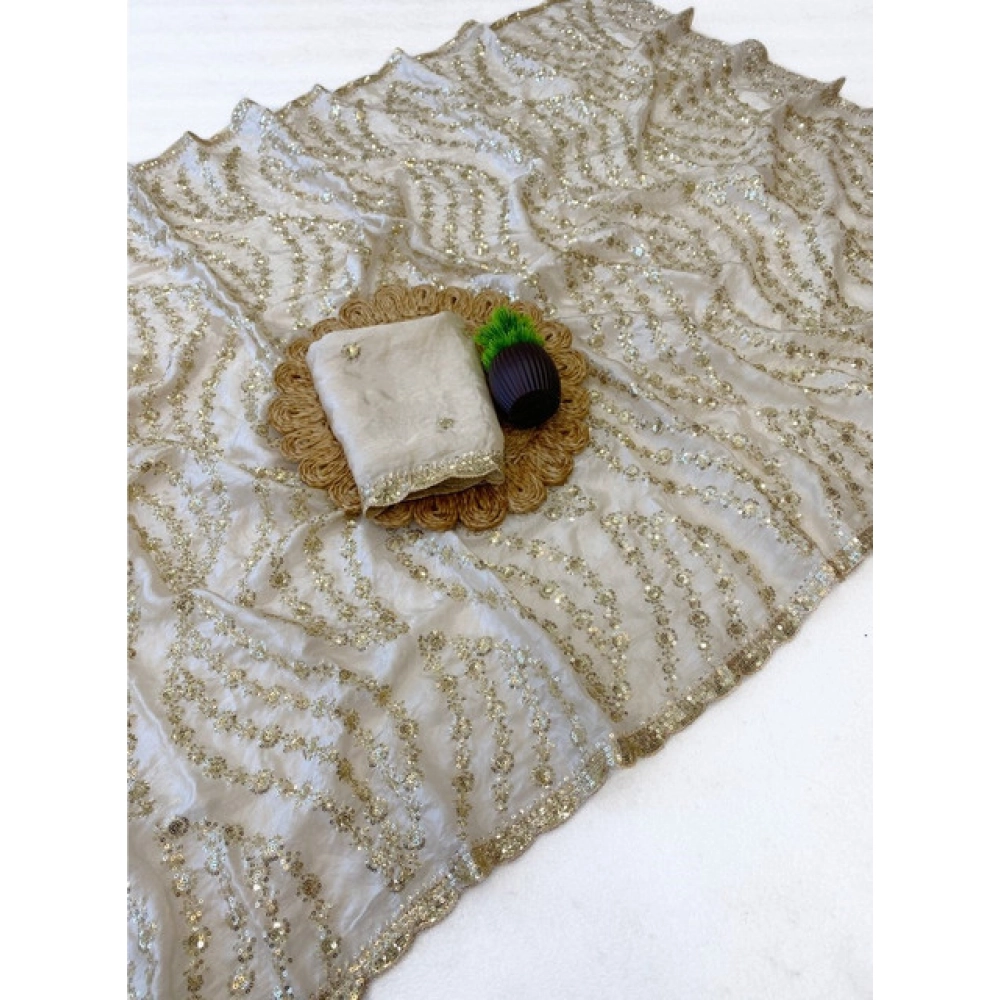 Women's Satin Embellished Saree With Unstitched Blouse 5.5Mtr (Cream) - Image 3