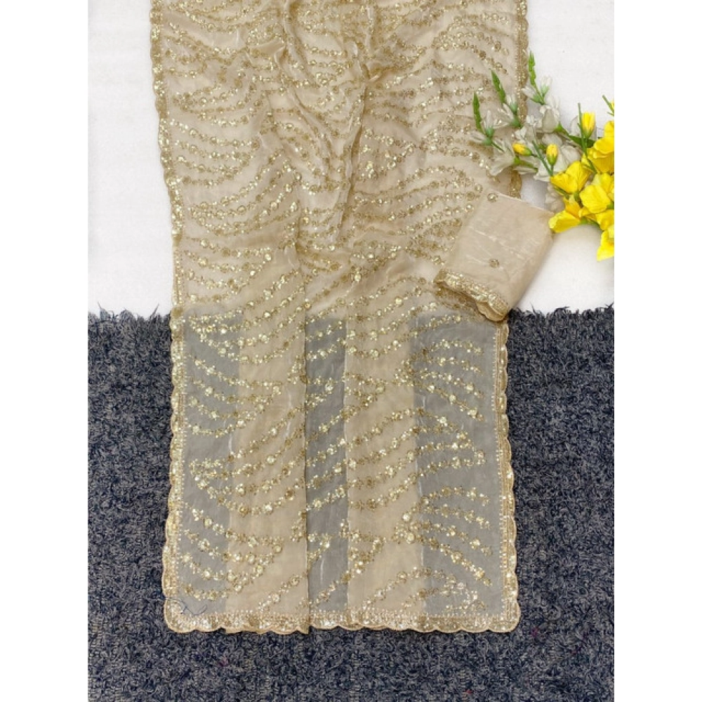 Women's Satin Embellished Saree With Unstitched Blouse 5.5Mtr (Cream) - Image 4