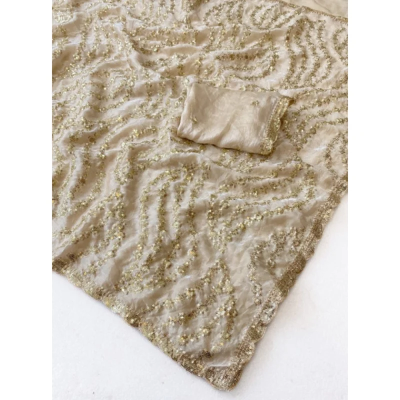Women's Satin Embellished Saree With Unstitched Blouse 5.5Mtr (Cream) - Image 5
