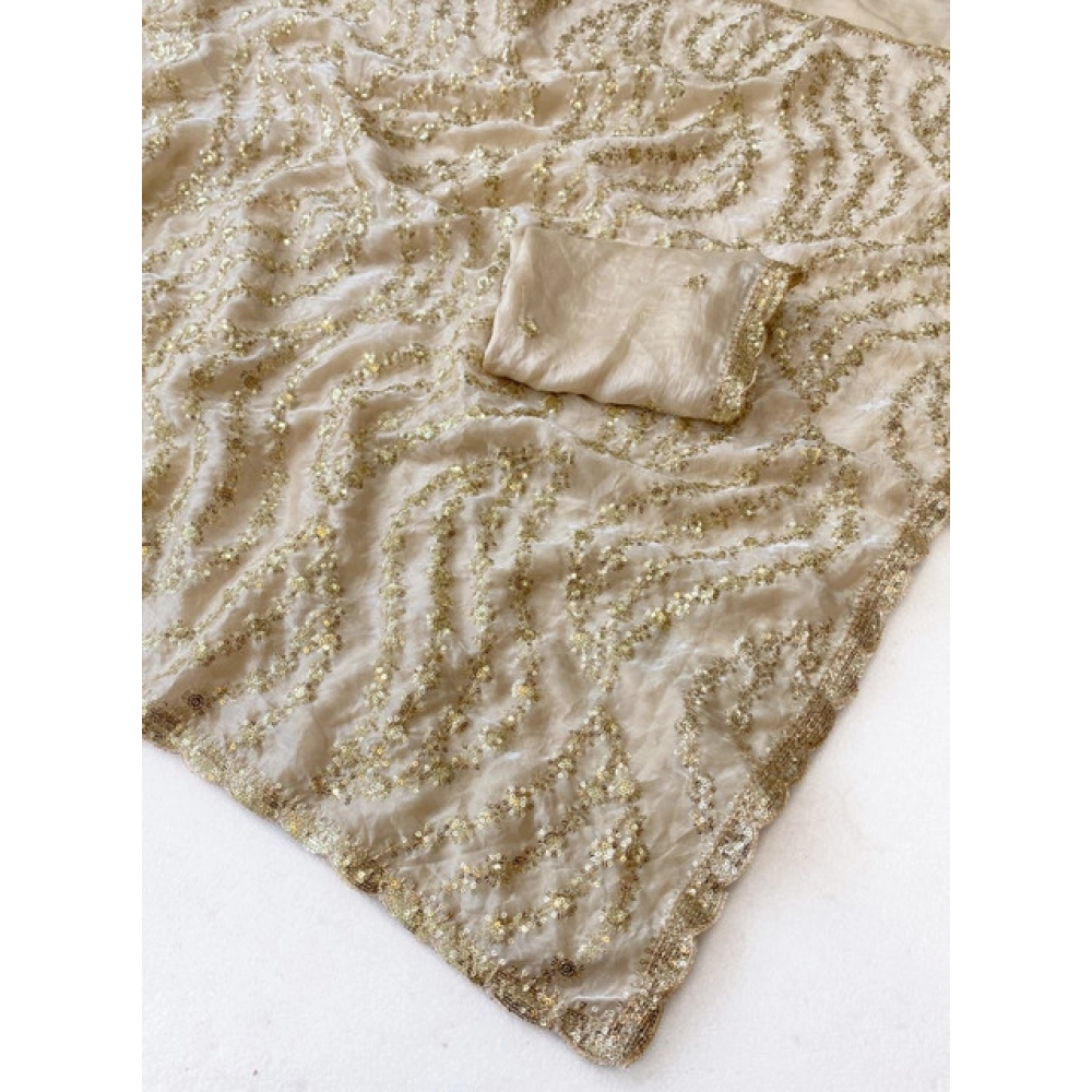 Women's Satin Embellished Saree With Unstitched Blouse 5.5Mtr (Cream) - Image 5