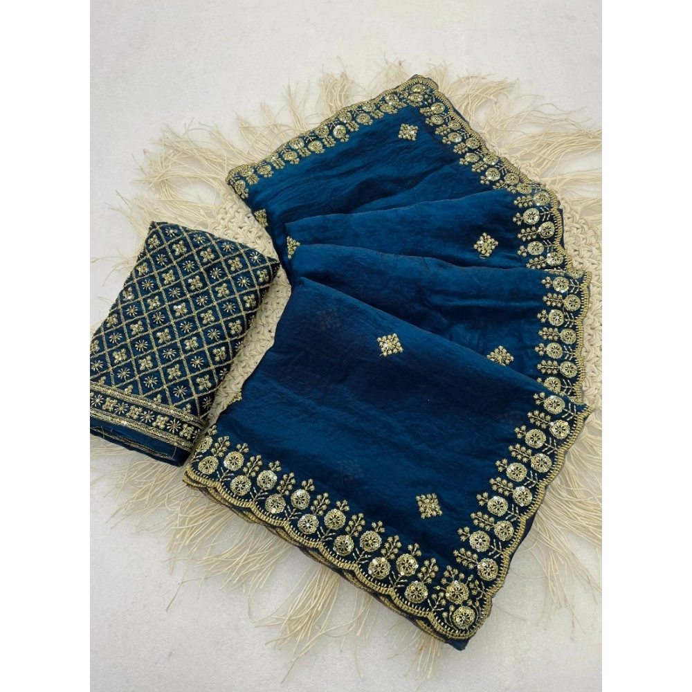 Women's Satin Embellished Saree With Unstitched Blouse 5.5Mtr (Teal)