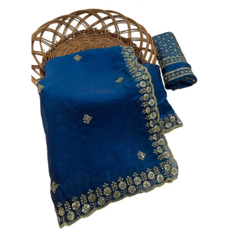 Women's Satin Embellished Saree With Unstitched Blouse 5.5Mtr (Teal) - Image 2
