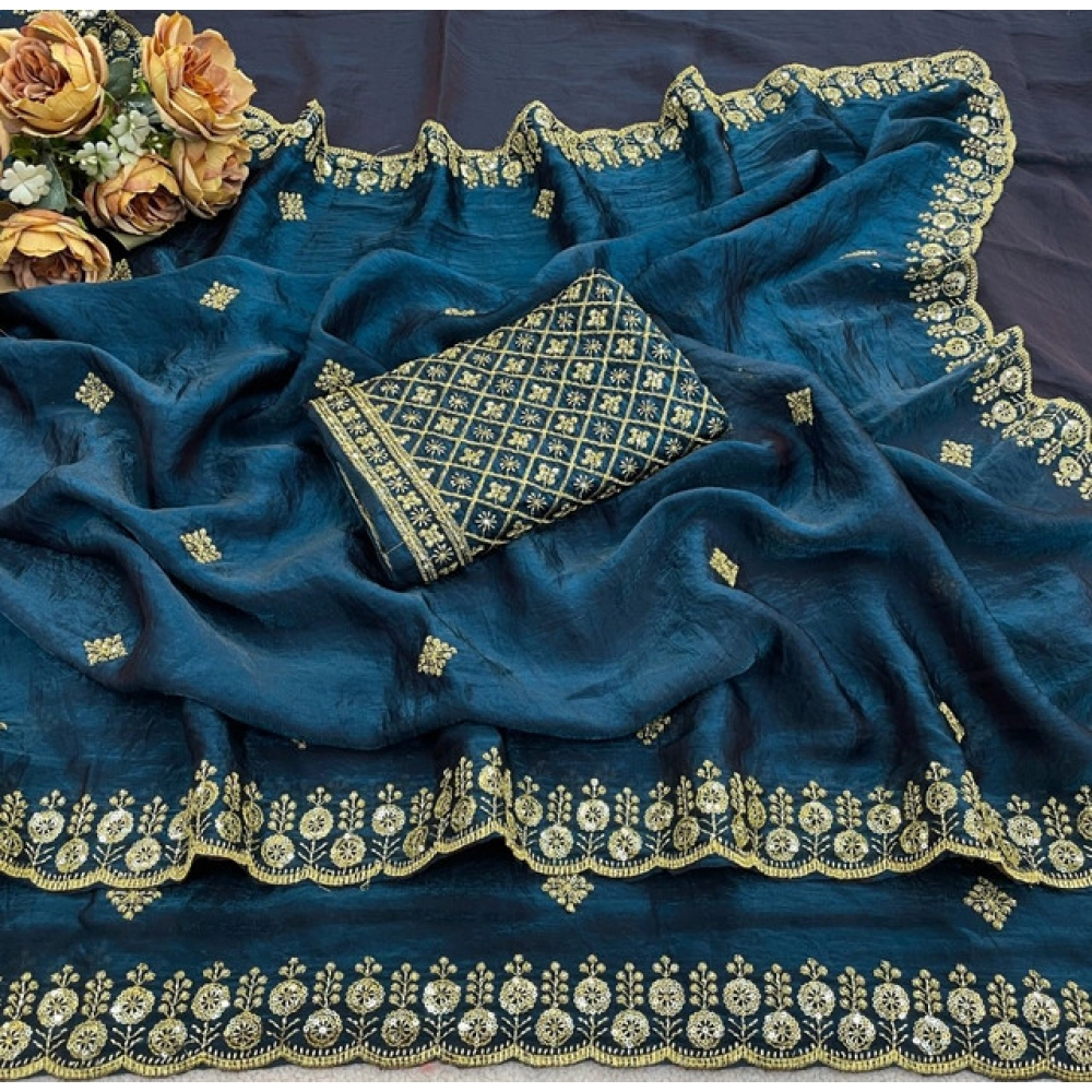 Women's Satin Embellished Saree With Unstitched Blouse 5.5Mtr (Teal) - Image 3