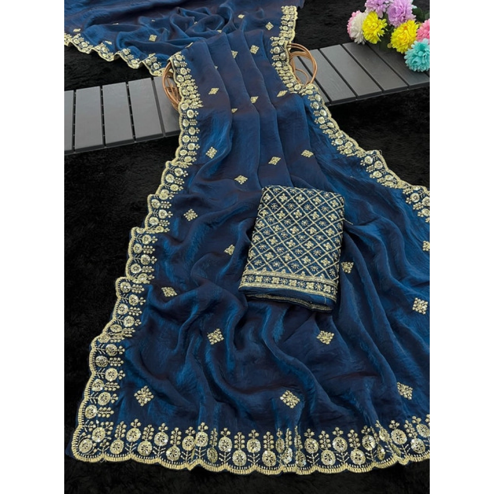 Women's Satin Embellished Saree With Unstitched Blouse 5.5Mtr (Teal) - Image 4