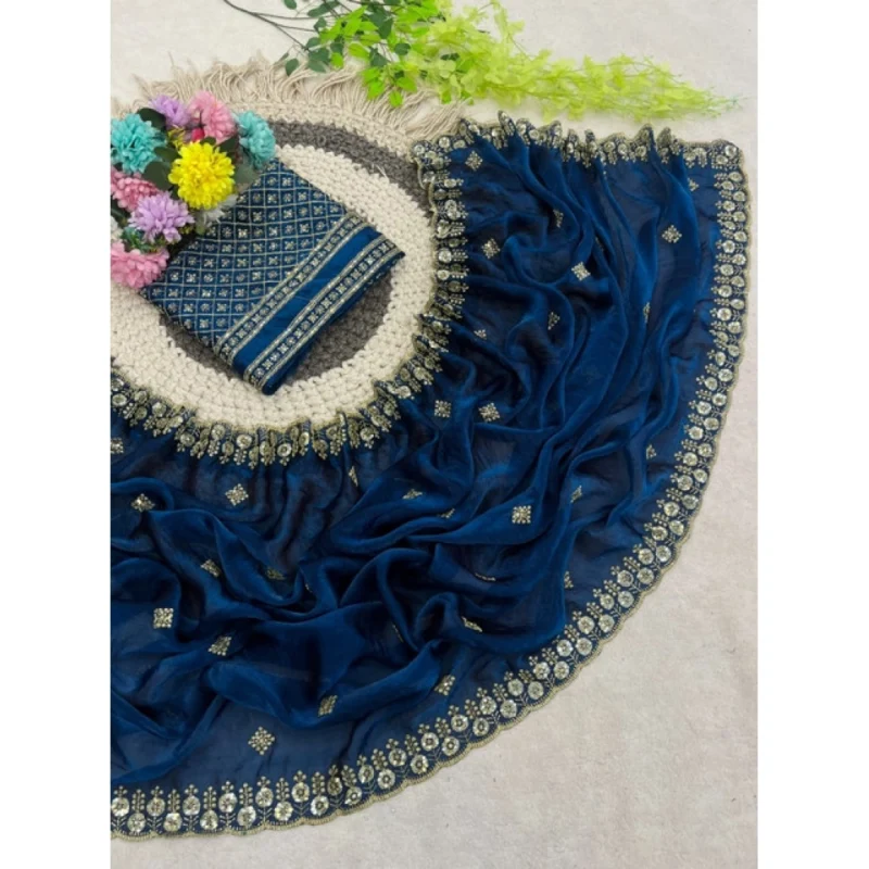 Women's Satin Embellished Saree With Unstitched Blouse 5.5Mtr (Teal) - Image 5