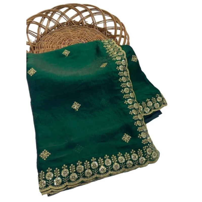 Women's Satin Embellished Saree With Unstitched Blouse 5.5Mtr (Green) - Image 2