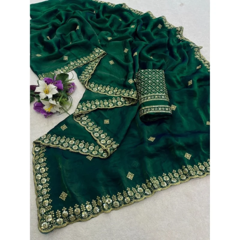 Women's Satin Embellished Saree With Unstitched Blouse 5.5Mtr (Green) - Image 3
