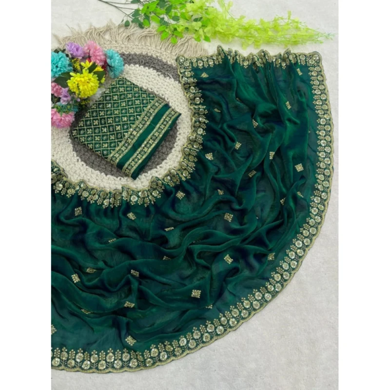 Women's Satin Embellished Saree With Unstitched Blouse 5.5Mtr (Green) - Image 4