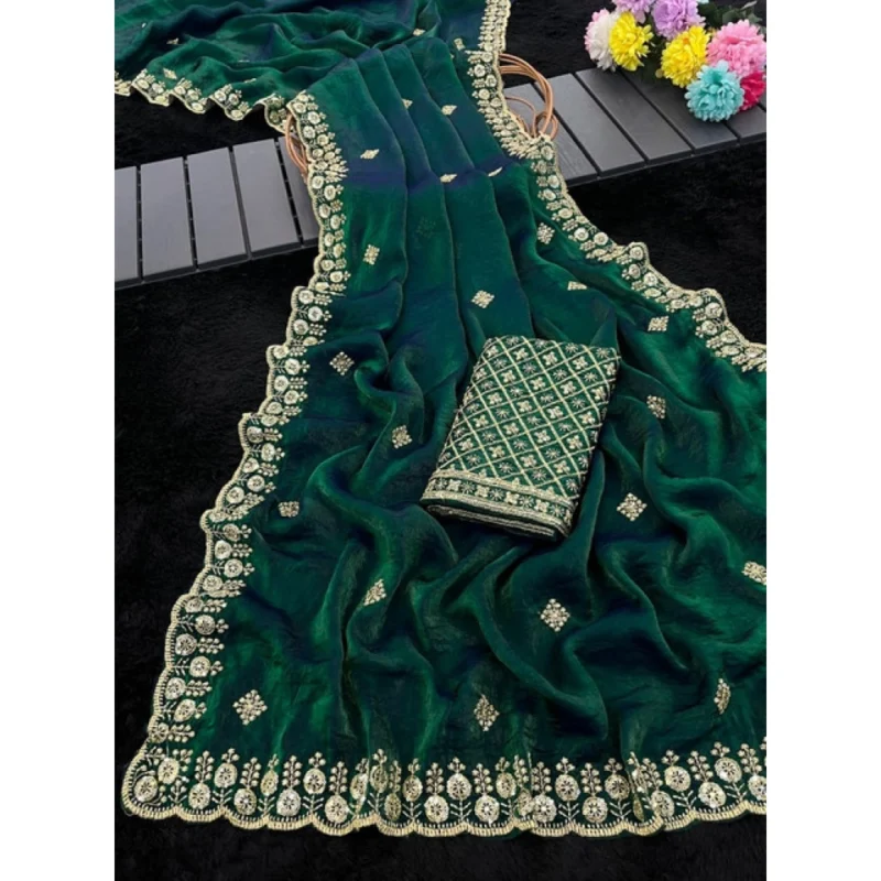 Women's Satin Embellished Saree With Unstitched Blouse 5.5Mtr (Green) - Image 5