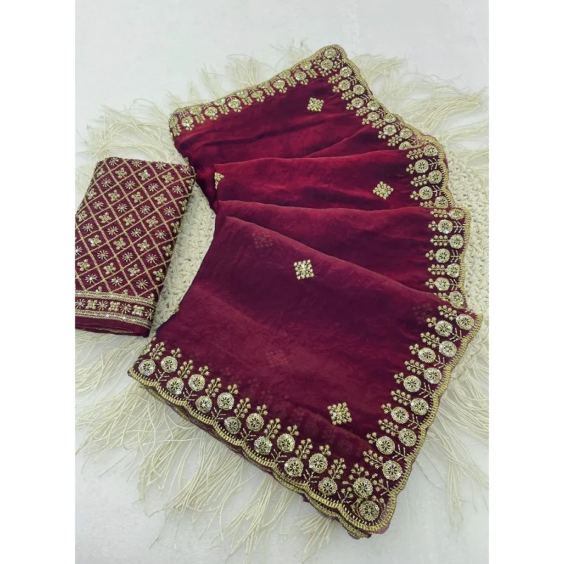 Women's Satin Embellished Saree With Unstitched Blouse 5.5Mtr (Maroon)