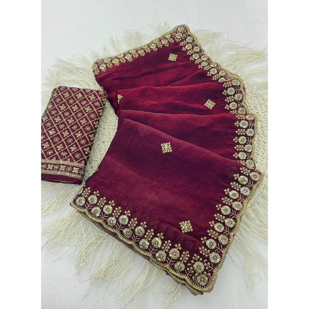Women's Satin Embellished Saree With Unstitched Blouse 5.5Mtr (Maroon)