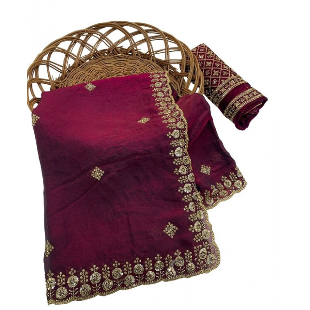 Women's Satin Embellished Saree With Unstitched Blouse 5.5Mtr (Maroon) - Image 2