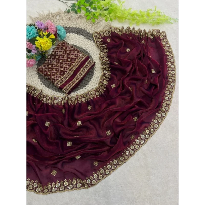 Women's Satin Embellished Saree With Unstitched Blouse 5.5Mtr (Maroon) - Image 3