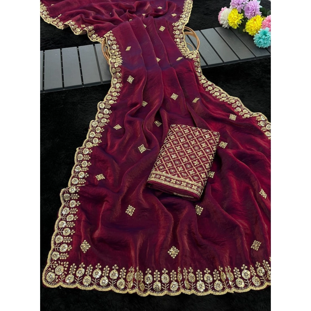 Women's Satin Embellished Saree With Unstitched Blouse 5.5Mtr (Maroon) - Image 4