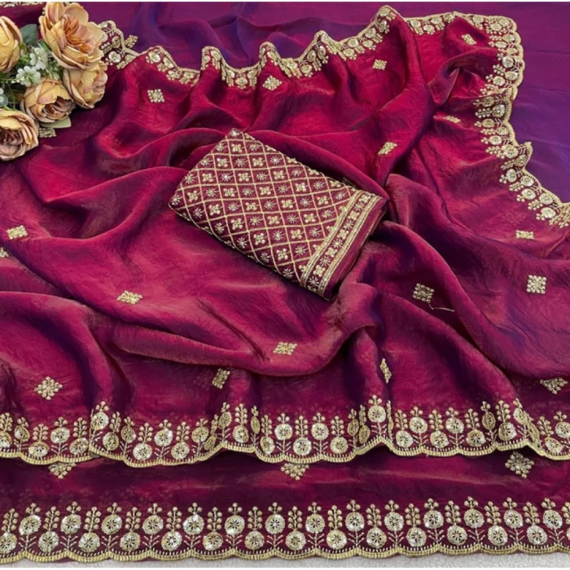 Women's Satin Embellished Saree With Unstitched Blouse 5.5Mtr (Maroon) - Image 5
