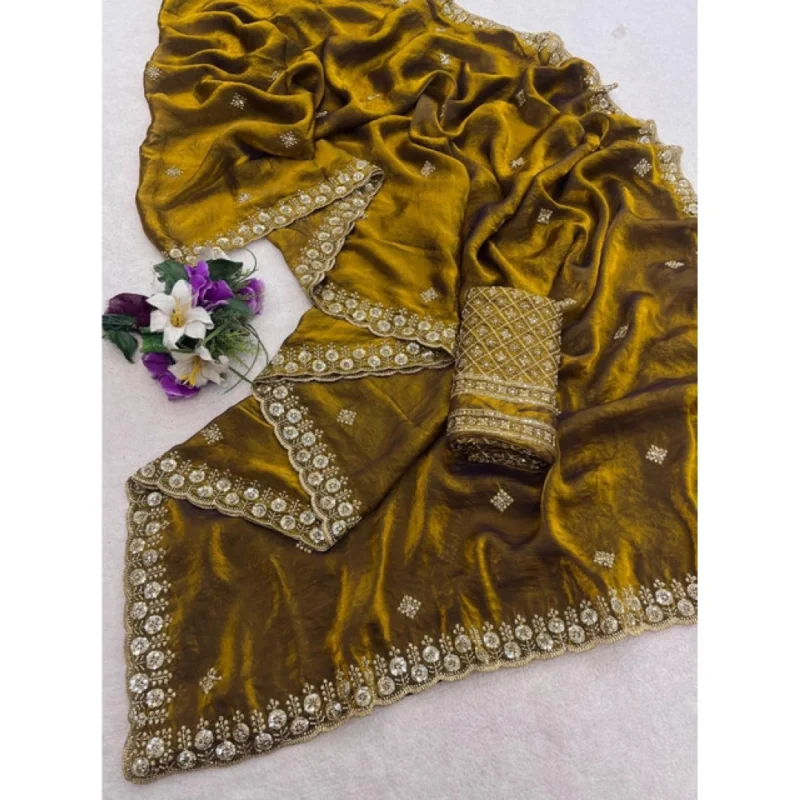Women's Satin Embellished Saree With Unstitched Blouse 5.5Mtr (Mustard) - Image 3
