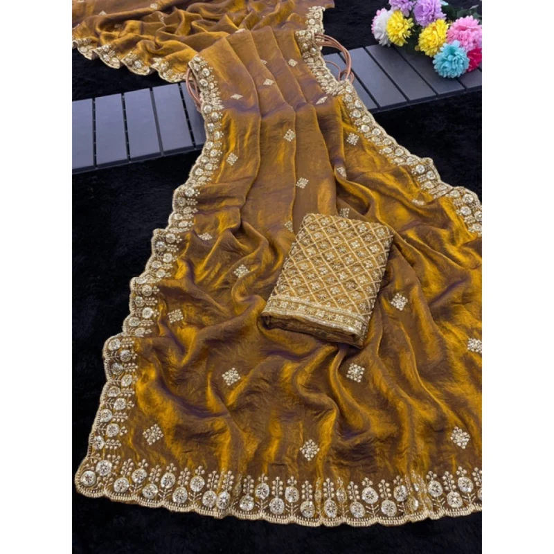 Women's Satin Embellished Saree With Unstitched Blouse 5.5Mtr (Mustard) - Image 5