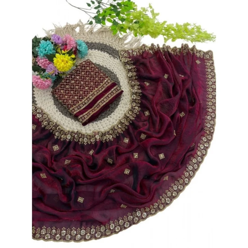 Women's Satin Embellished Saree With Unstitched Blouse 5.5Mtr (Wine-Toned) - Image 2
