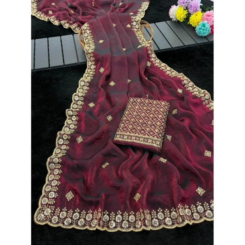 Women's Satin Embellished Saree With Unstitched Blouse 5.5Mtr (Wine-Toned) - Image 3