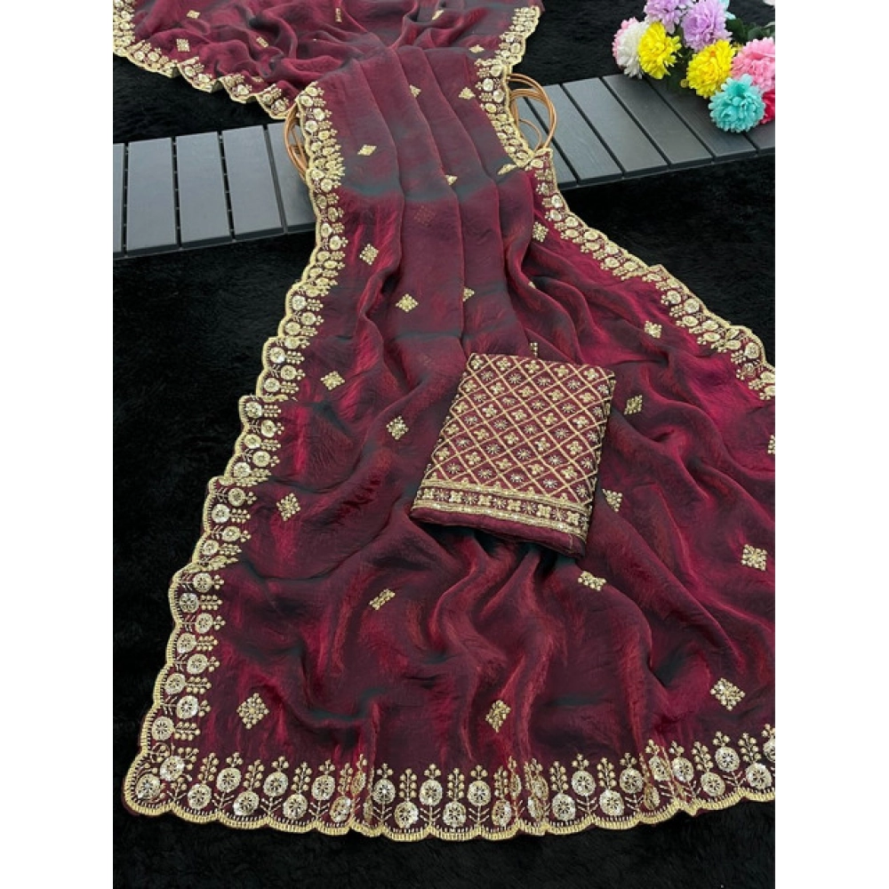 Women's Satin Embellished Saree With Unstitched Blouse 5.5Mtr (Wine-Toned) - Image 3