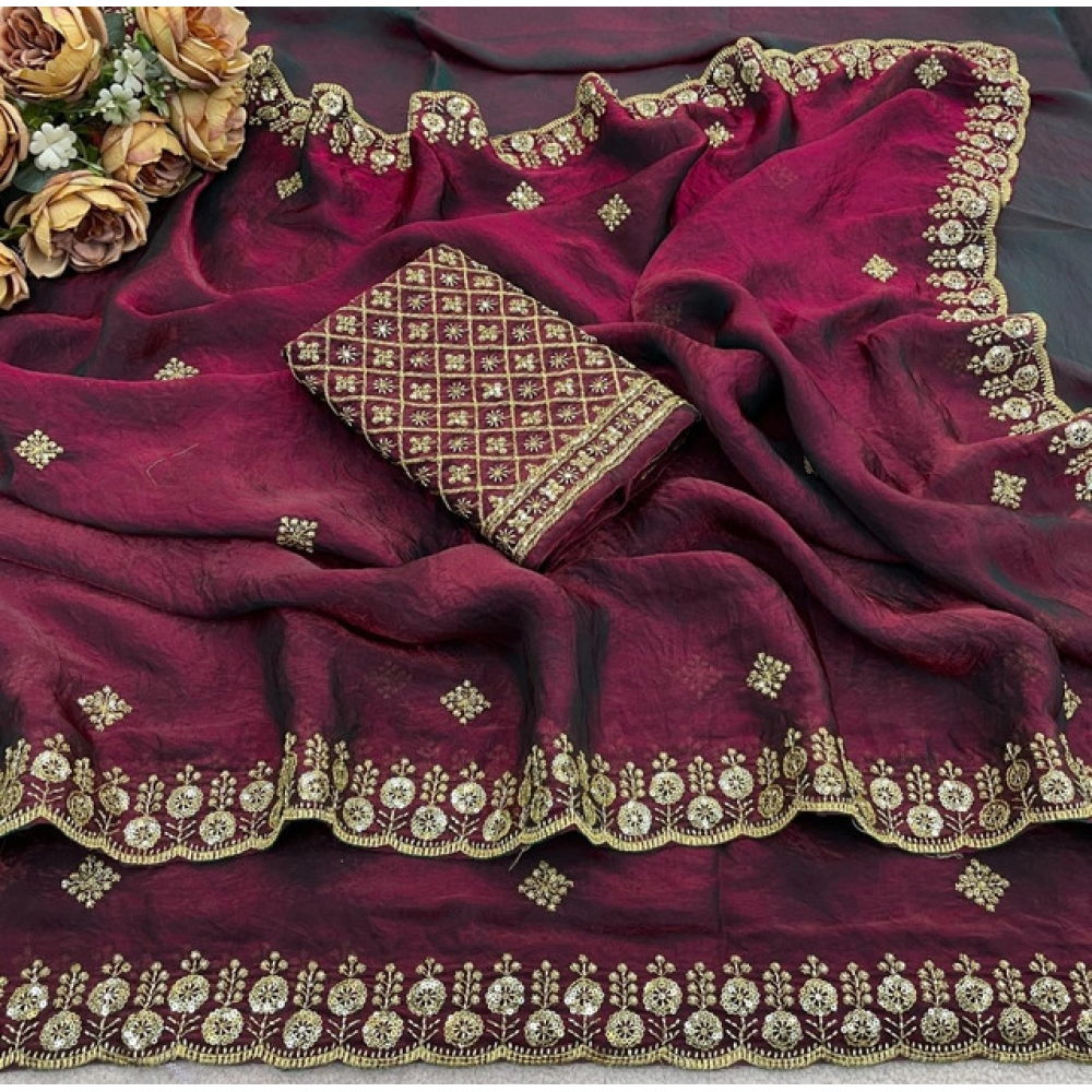 Women's Satin Embellished Saree With Unstitched Blouse 5.5Mtr (Wine-Toned) - Image 4