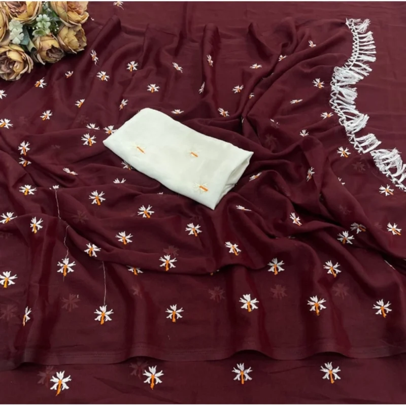 Women's Georgette Embellished Saree With Unstitched Blouse 5.5Mtr (Maroon) - Image 3