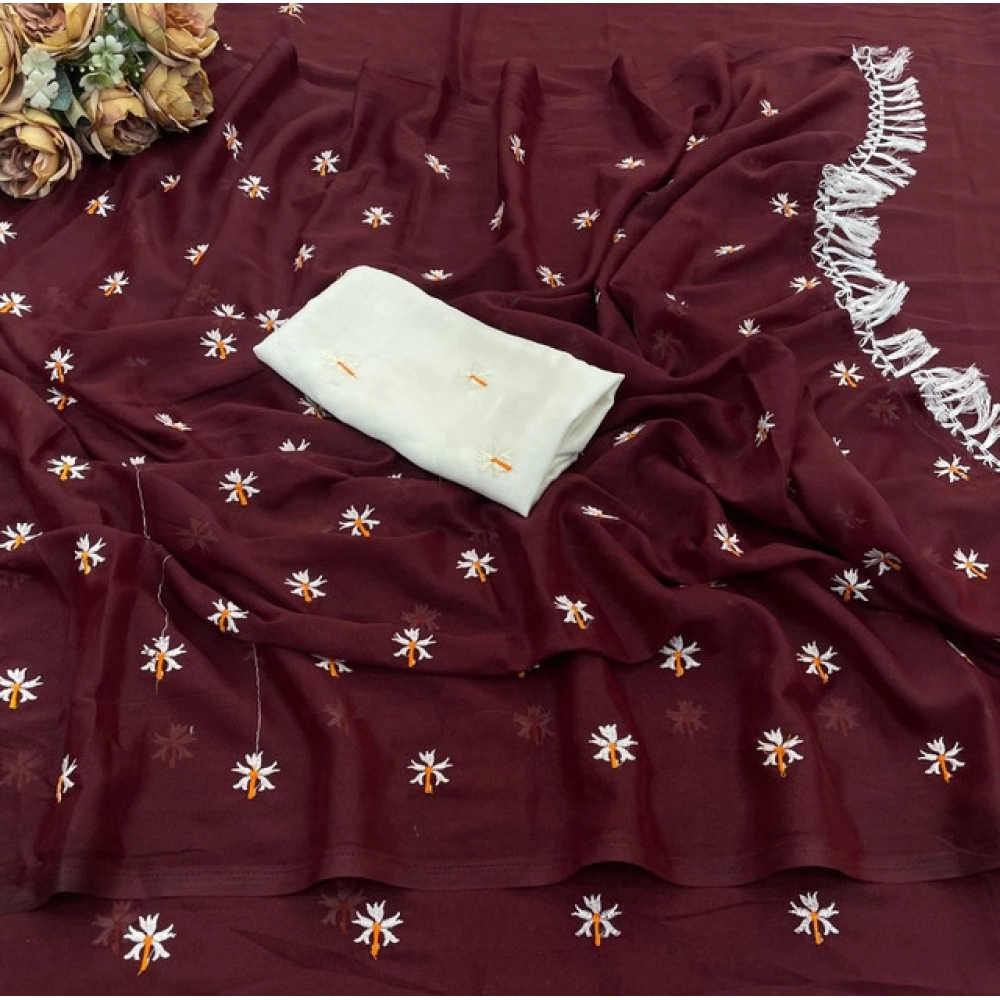 Women's Georgette Embellished Saree With Unstitched Blouse 5.5Mtr (Maroon) - Image 3