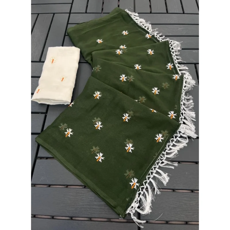 Women's Georgette Embellished Saree With Unstitched Blouse 5.5Mtr (Green)