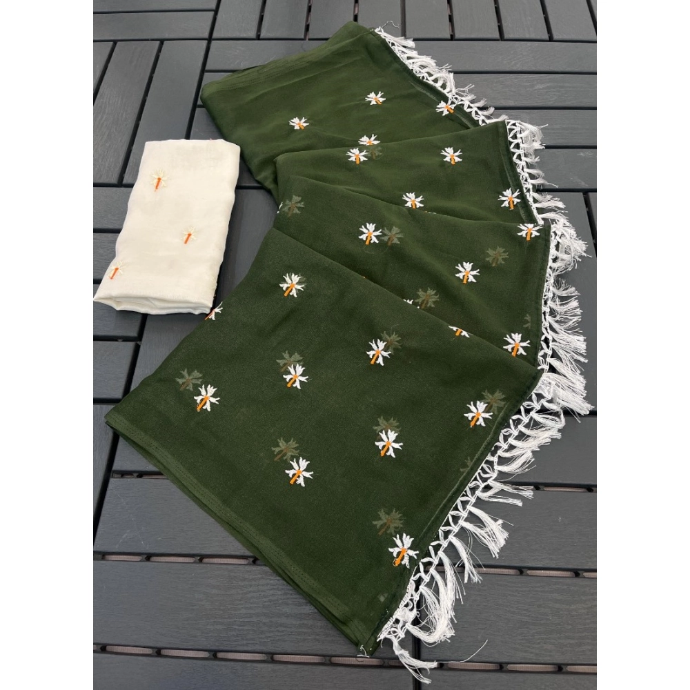 Women's Georgette Embellished Saree With Unstitched Blouse 5.5Mtr (Green)