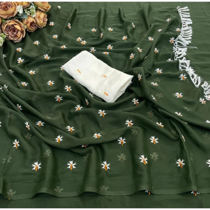 Women's Georgette Embellished Saree With Unstitched Blouse 5.5Mtr (Green) - Image 3