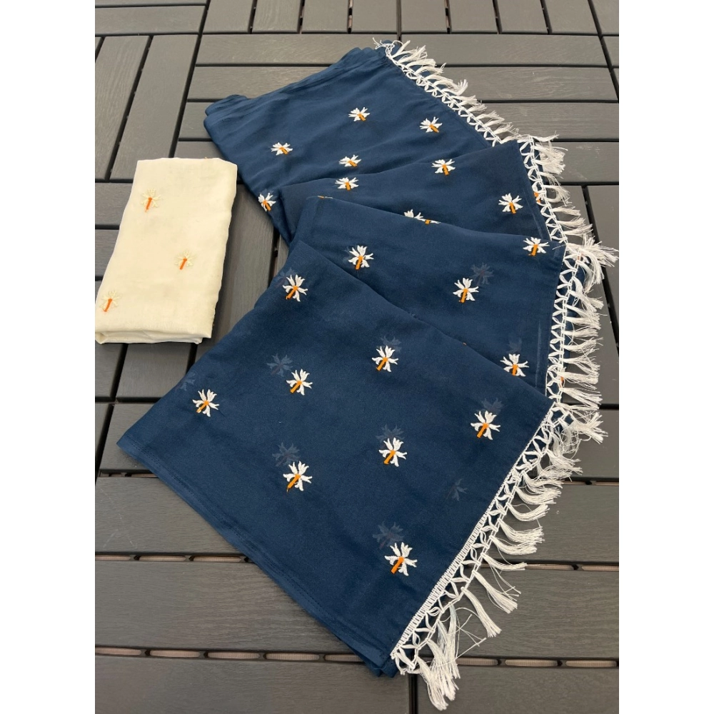 Women's Georgette Embellished Saree With Unstitched Blouse 5.5Mtr (Navy)