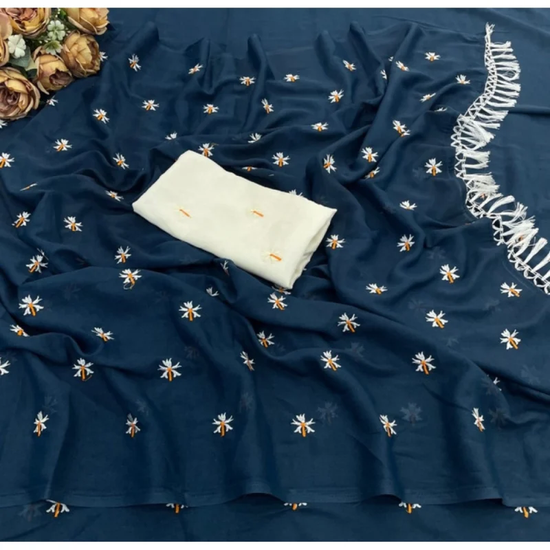 Women's Georgette Embellished Saree With Unstitched Blouse 5.5Mtr (Navy) - Image 3