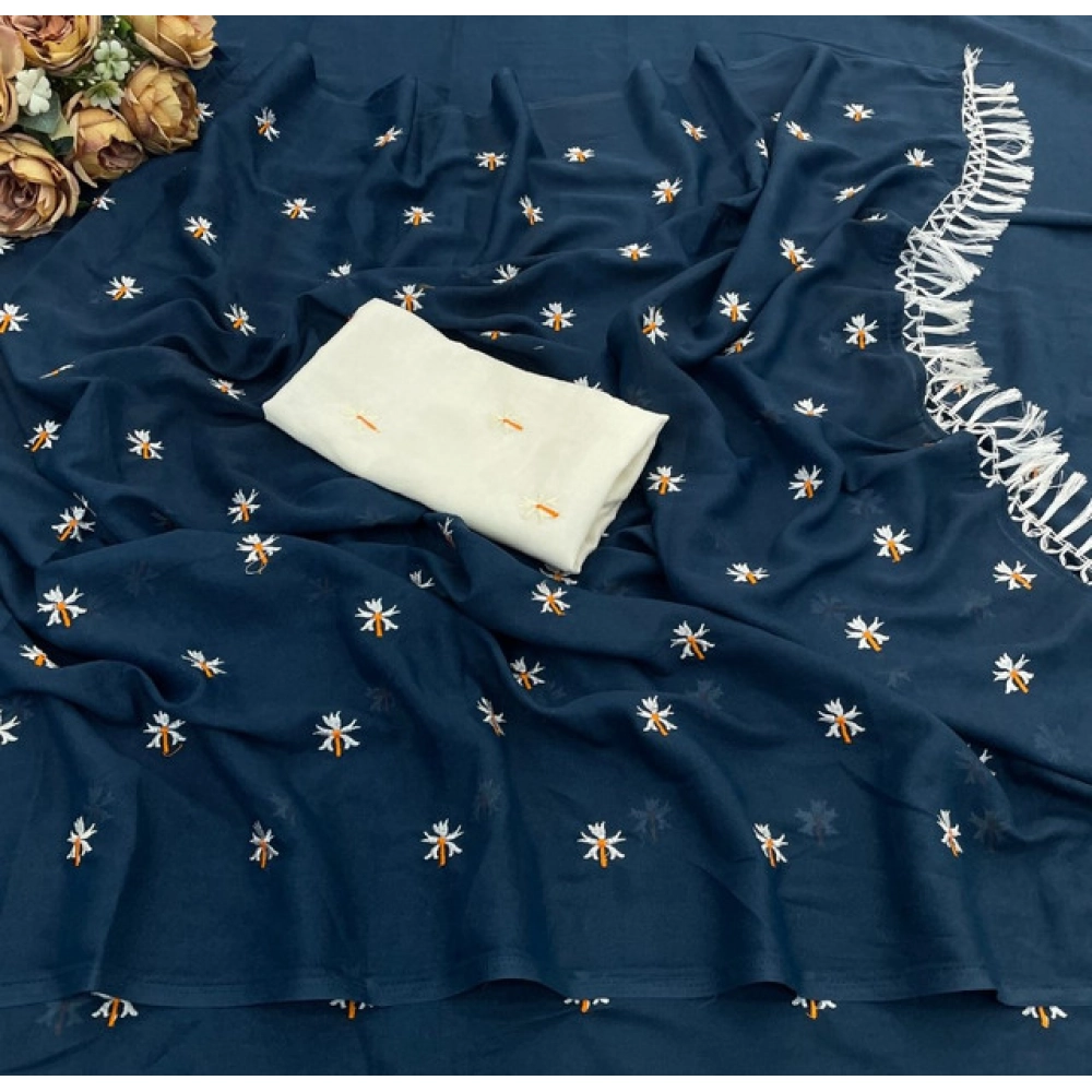 Women's Georgette Embellished Saree With Unstitched Blouse 5.5Mtr (Navy) - Image 3