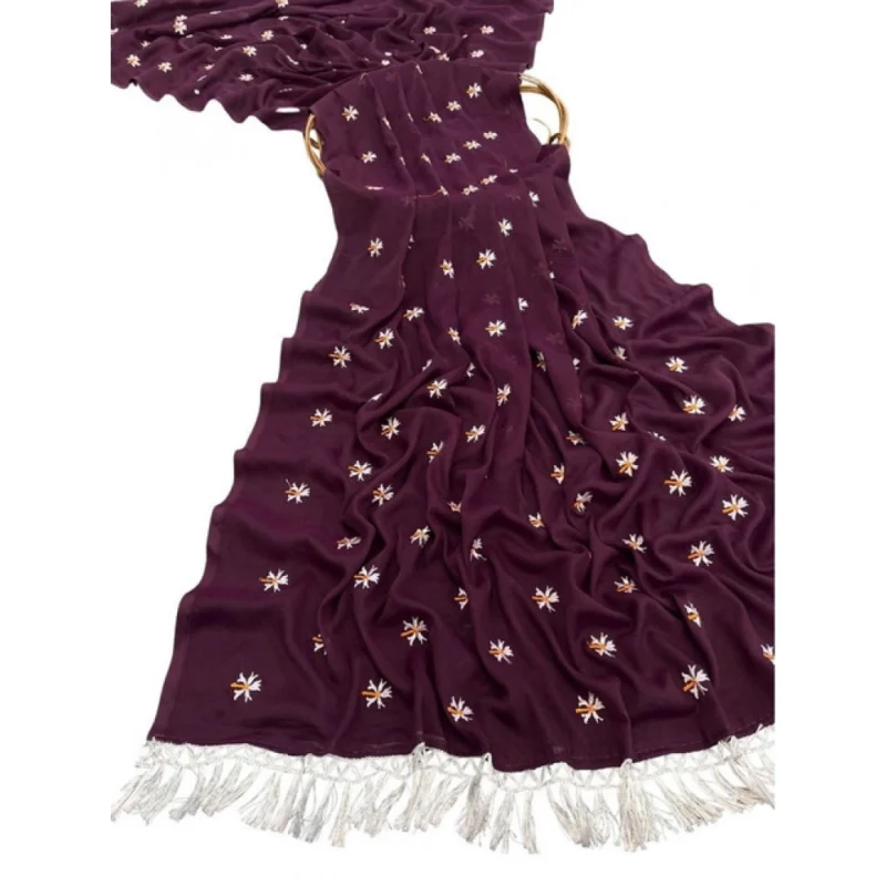 Women's Georgette Embellished Saree With Unstitched Blouse 5.5Mtr (Wine) - Image 2