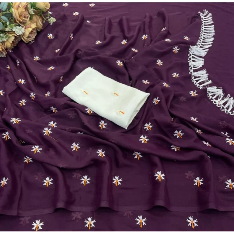 Women's Georgette Embellished Saree With Unstitched Blouse 5.5Mtr (Wine) - Image 3