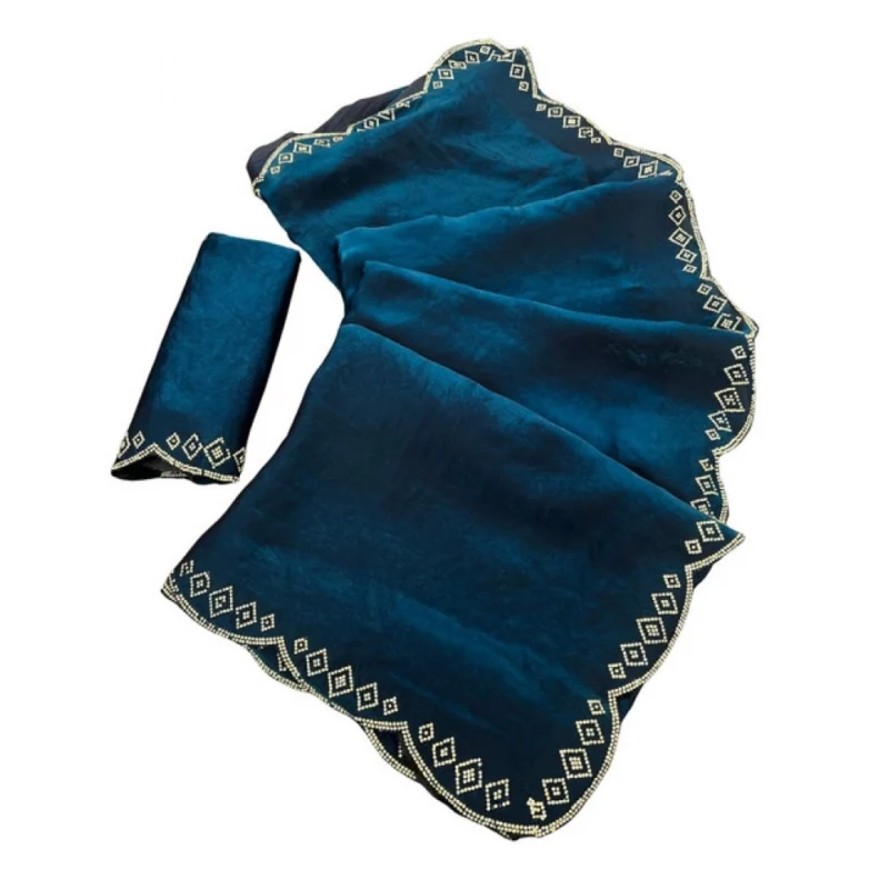 Women's Satin Embellished Saree With Unstitched Blouse 5.5Mtr (Navy) - Image 2