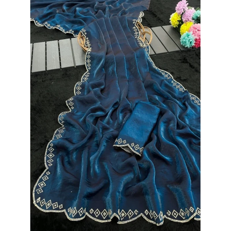 Women's Satin Embellished Saree With Unstitched Blouse 5.5Mtr (Navy) - Image 3