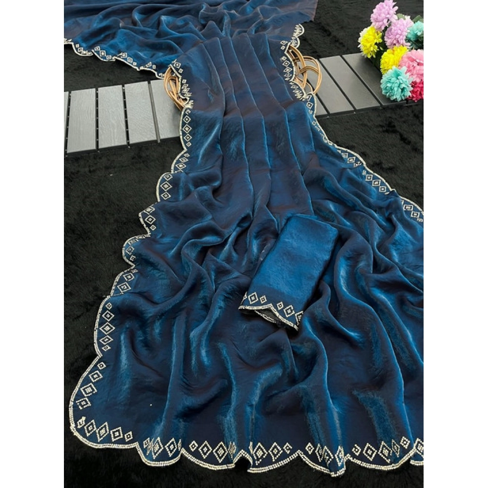 Women's Satin Embellished Saree With Unstitched Blouse 5.5Mtr (Navy) - Image 3