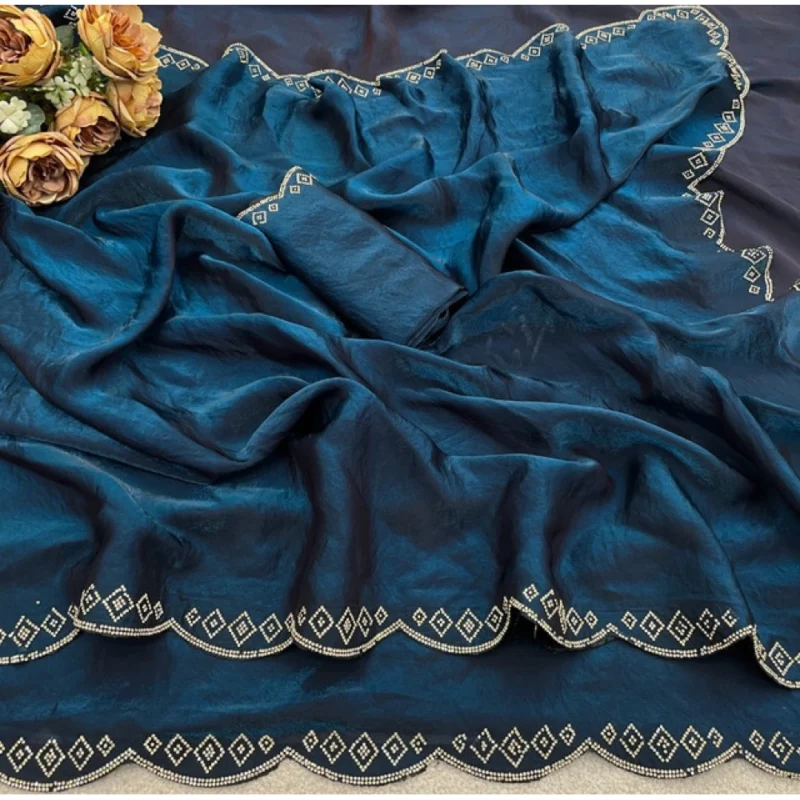 Women's Satin Embellished Saree With Unstitched Blouse 5.5Mtr (Navy) - Image 4