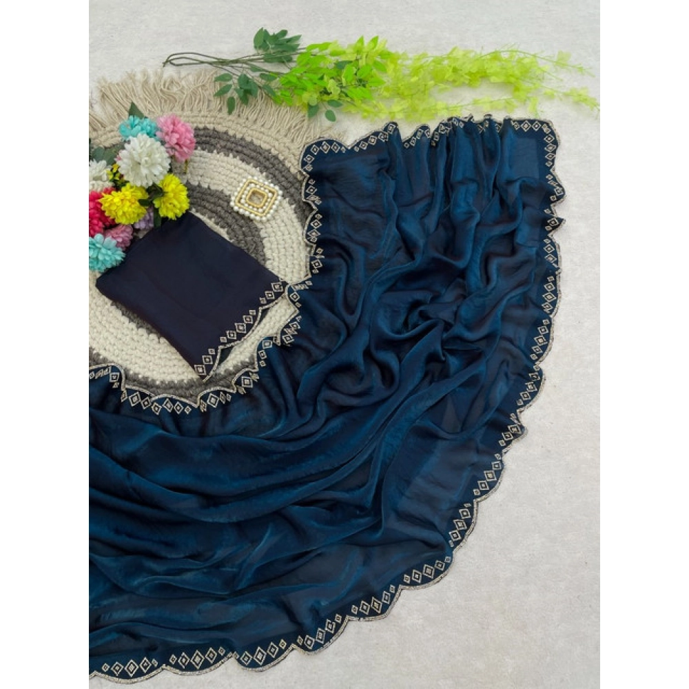 Women's Satin Embellished Saree With Unstitched Blouse 5.5Mtr (Navy) - Image 5