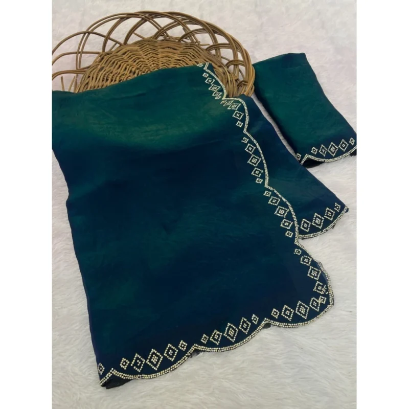Women's Satin Embellished Saree With Unstitched Blouse 5.5Mtr (Bottle Green)