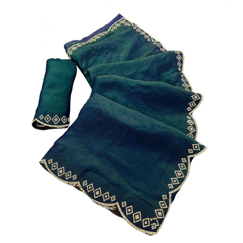 Women's Satin Embellished Saree With Unstitched Blouse 5.5Mtr (Bottle Green) - Image 2