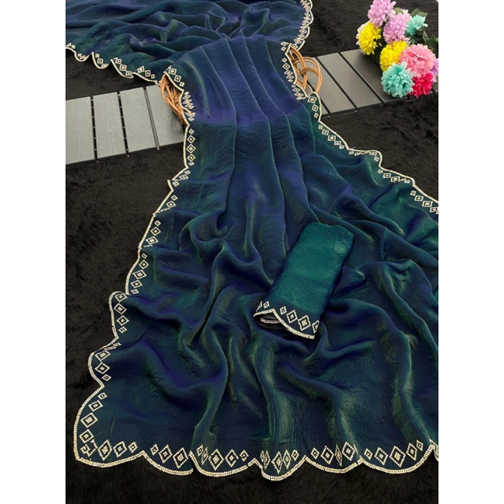 Women's Satin Embellished Saree With Unstitched Blouse 5.5Mtr (Bottle Green) - Image 3