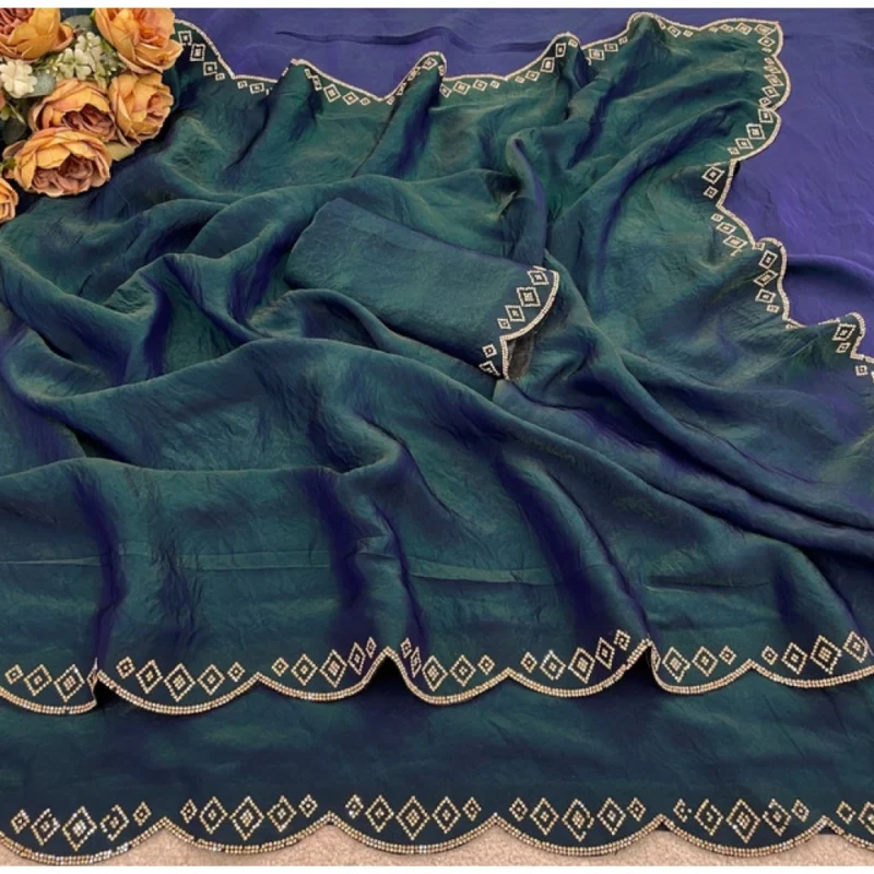 Women's Satin Embellished Saree With Unstitched Blouse 5.5Mtr (Bottle Green) - Image 4