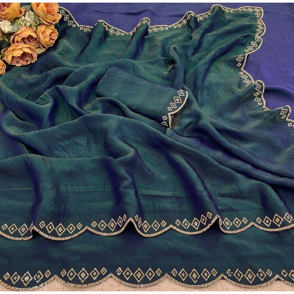 Women's Satin Embellished Saree With Unstitched Blouse 5.5Mtr (Bottle Green) - Image 4