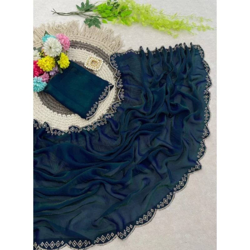 Women's Satin Embellished Saree With Unstitched Blouse 5.5Mtr (Bottle Green) - Image 5