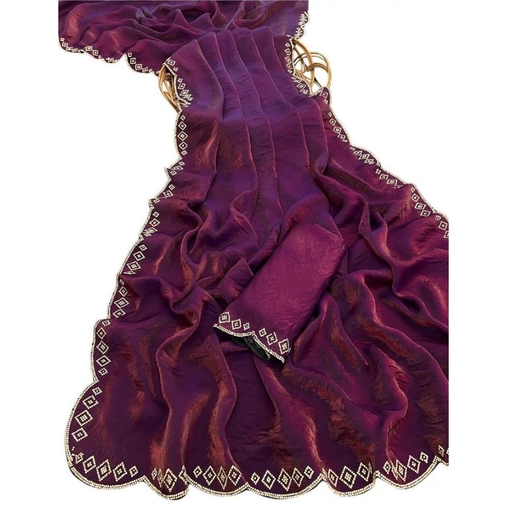 Women's Satin Embellished Saree With Unstitched Blouse 5.5Mtr (Wine) - Image 2