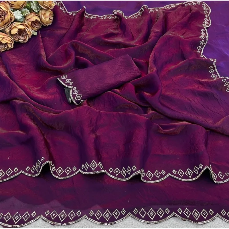 Women's Satin Embellished Saree With Unstitched Blouse 5.5Mtr (Wine) - Image 3