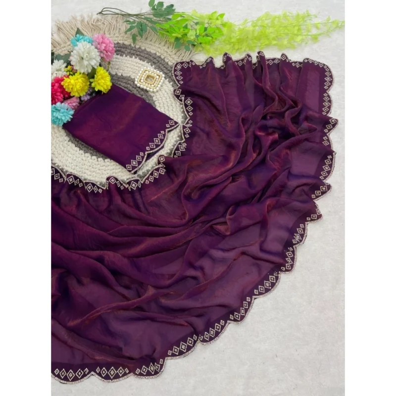 Women's Satin Embellished Saree With Unstitched Blouse 5.5Mtr (Wine) - Image 4